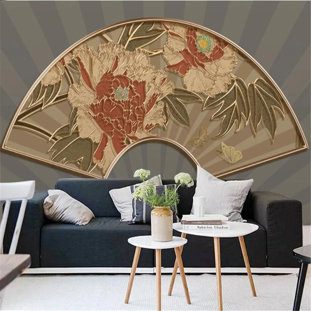 milofi custom wallpaper photo background wall new Chinese fan-shaped rich and honorable peony golden embossed line background wa