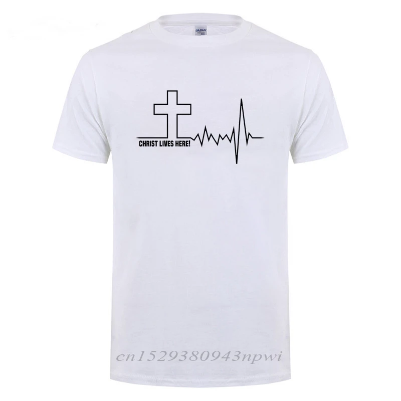 Christ Lives Here Cross Heartbeat Christian Jesus Faith Inspirational T Shirt T-Shirt For Men Male Short Sleeve Cotton Tshirt