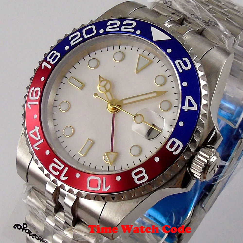 Imagem -05 - Bliger-relógio de Pulso Azul Gmt Mecânico para Homens Mostrador Branco Data Vidro Safira Moldura Cerâmica Sólida Movimento 3804 40 mm