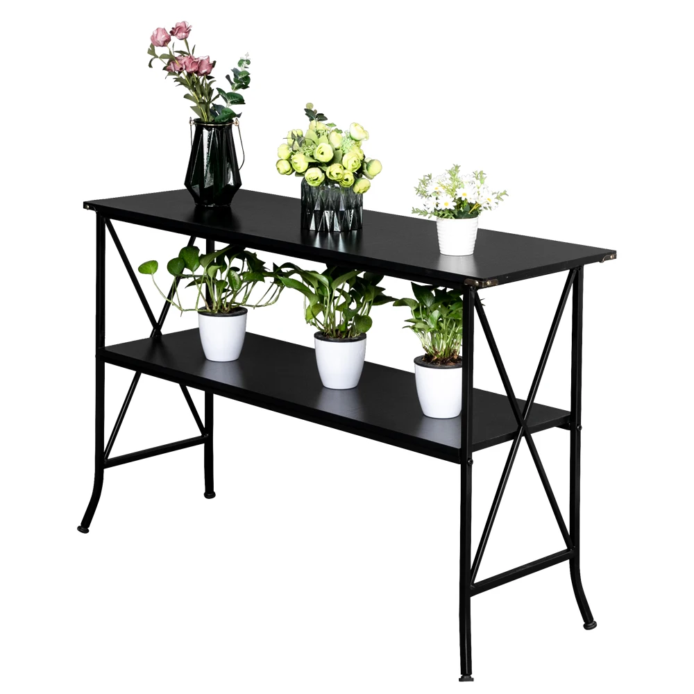 

US Warehouse Artisasset Black MDF Countertop Black Wrought Iron Base 2 Layers Console Table Side Table End Table