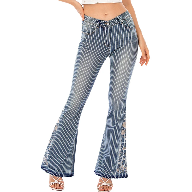 Stretch Flared Jeans Women Denim Pants Wide Boot Cut Fashion Striped Trousers Pinstripe Bell Bottom Embroidery Bootcut 3XL 4XL