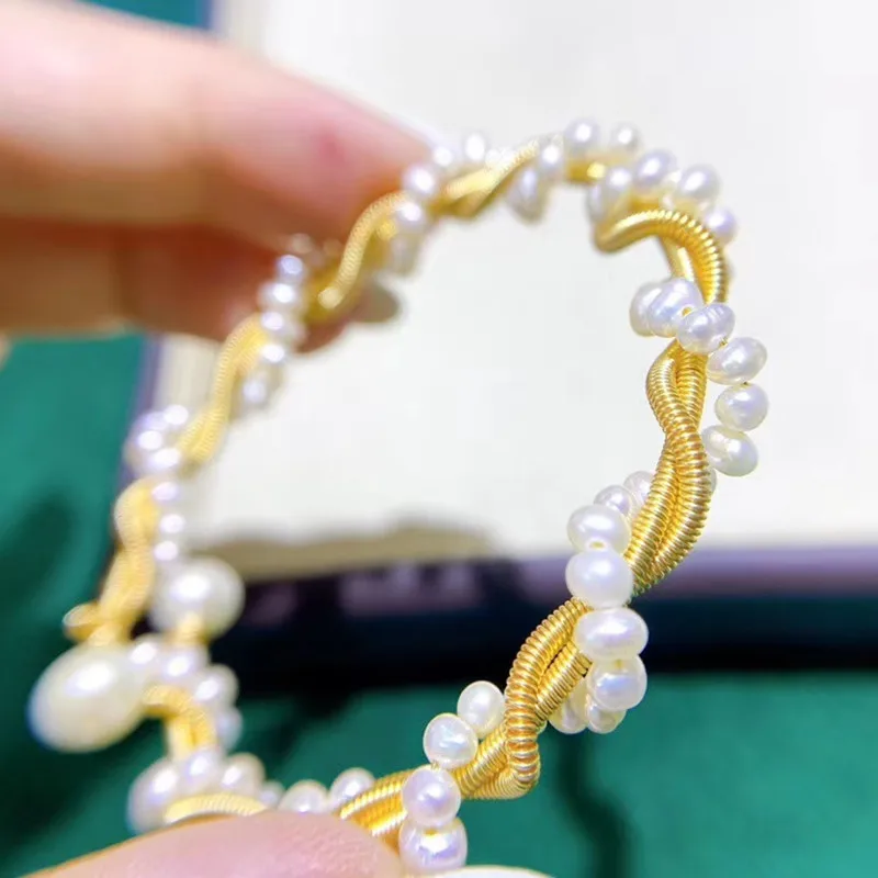 Free shipping twist gold wire mini natural real pearl beads bracelet open end adjustable size natural gemstone jewelry women