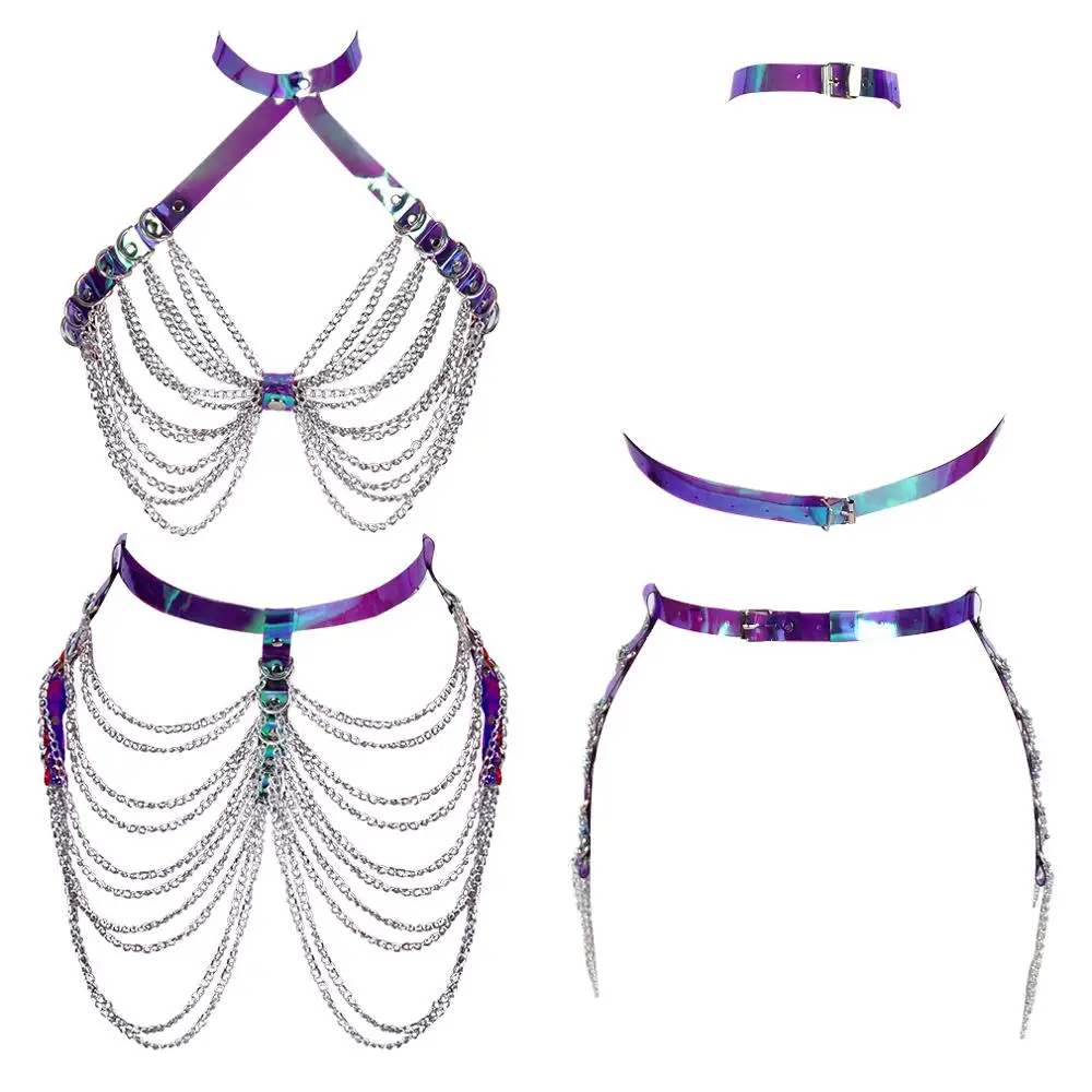 

Colorful PU Belt Strap Body Chain Cage Top Tassel Metal Bondage Women Adjust Sexy Leather Lingerie Punk Skirt Body Harness Bra