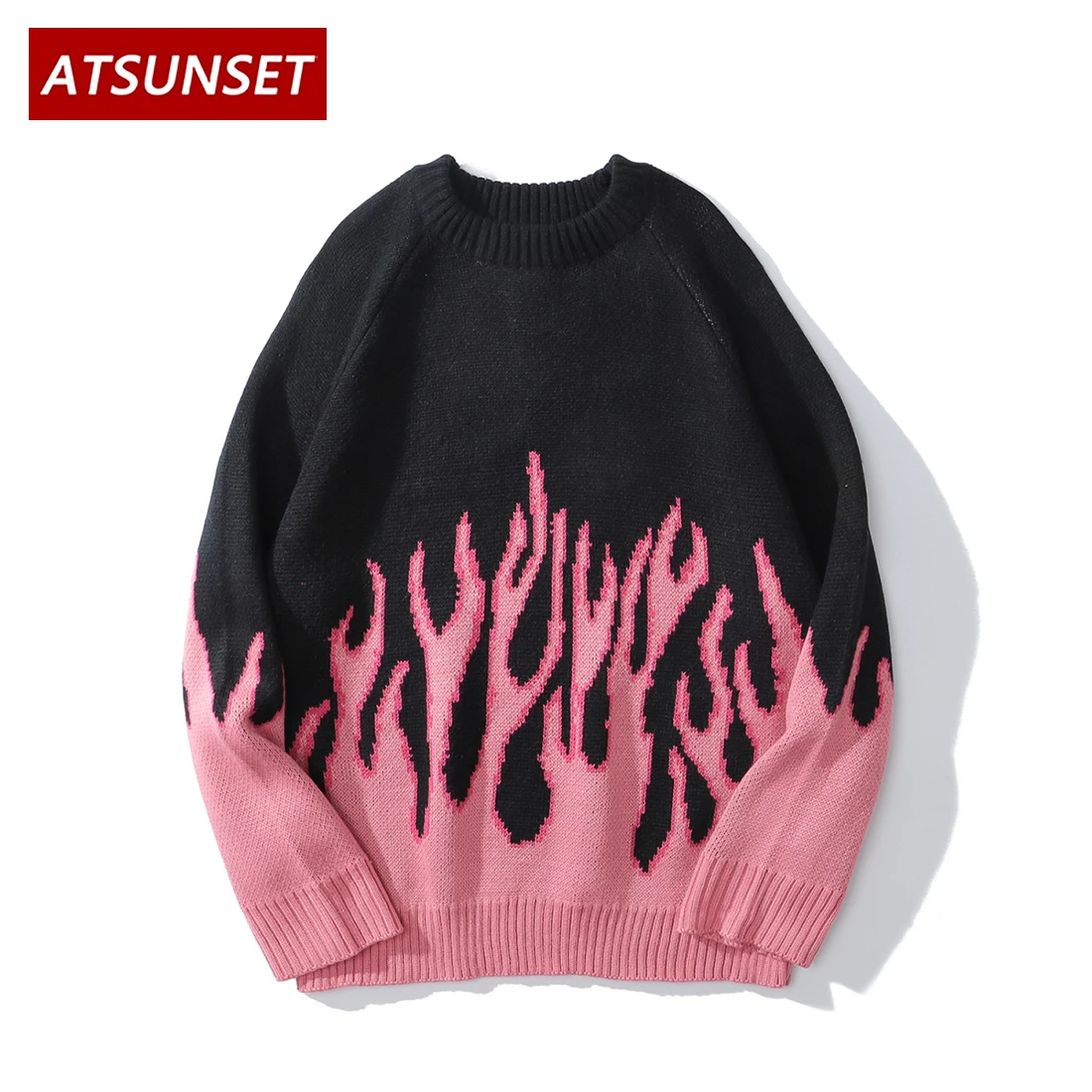 ATSUNSET płomień drukuj prostota sweter hiphopowy sweter w stylu Vintage Harajuku dziergany sweter topy