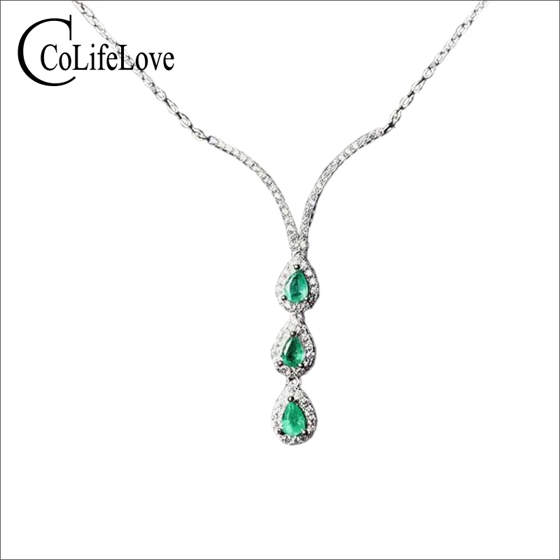 CoLife Jewelry Fashion Silver Emerald Necklace for Party 3 Pieces 3*4mm Natural Emerald Necklace 925 Silver Emerald Jewelry