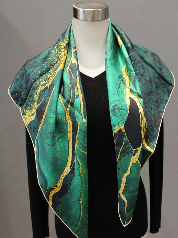 Green Aurora 100% Twill Silk Scarf Wraps Women Large Square Silk Shawl Cape Foulard 35