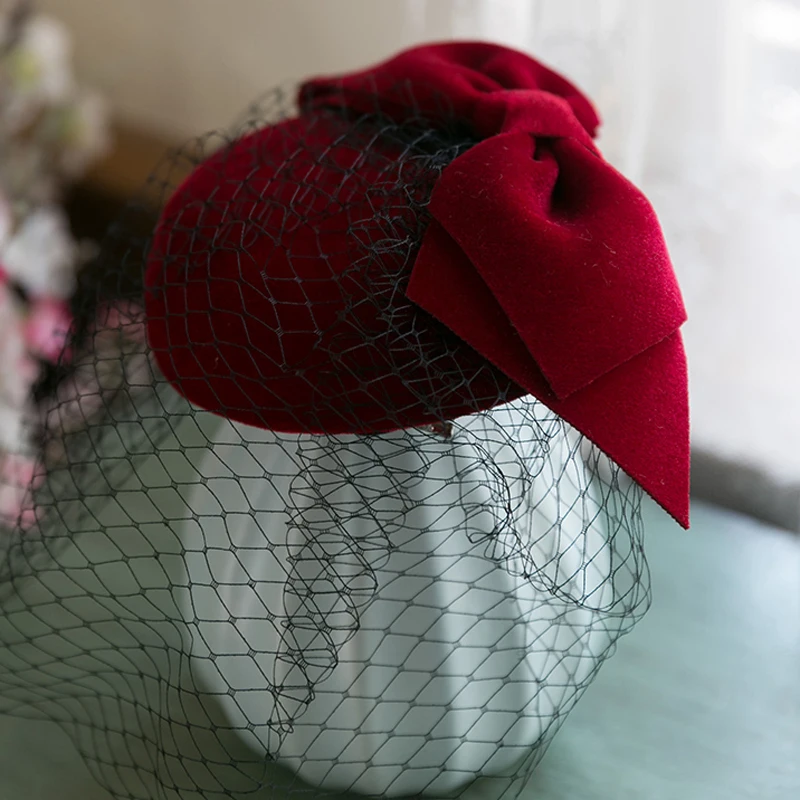 Formal Lady Hat Royal Style Elegant Bowknot Veil Fascinator Hat Cocktail  Beret Cap Lady Wedding Party Church Wool Felt Pillbox