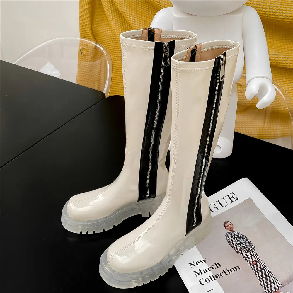 MILI-MIYA New Arrival Women Patent Leather Knee High Boots Zippers Mixed Color Round Toe Square Heels Handmade For Ladies