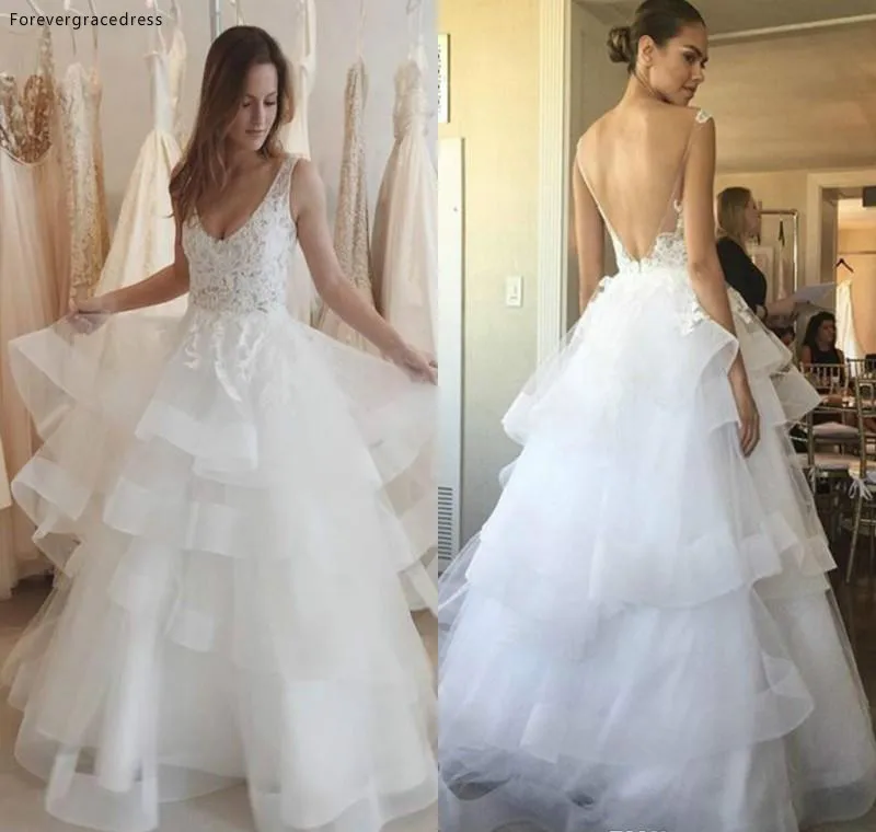 Chic Backless Wedding Dress Sexy Appliques Layered Tiered Ruffle V Neck Country Bridal Gown Custom Made Plus Size