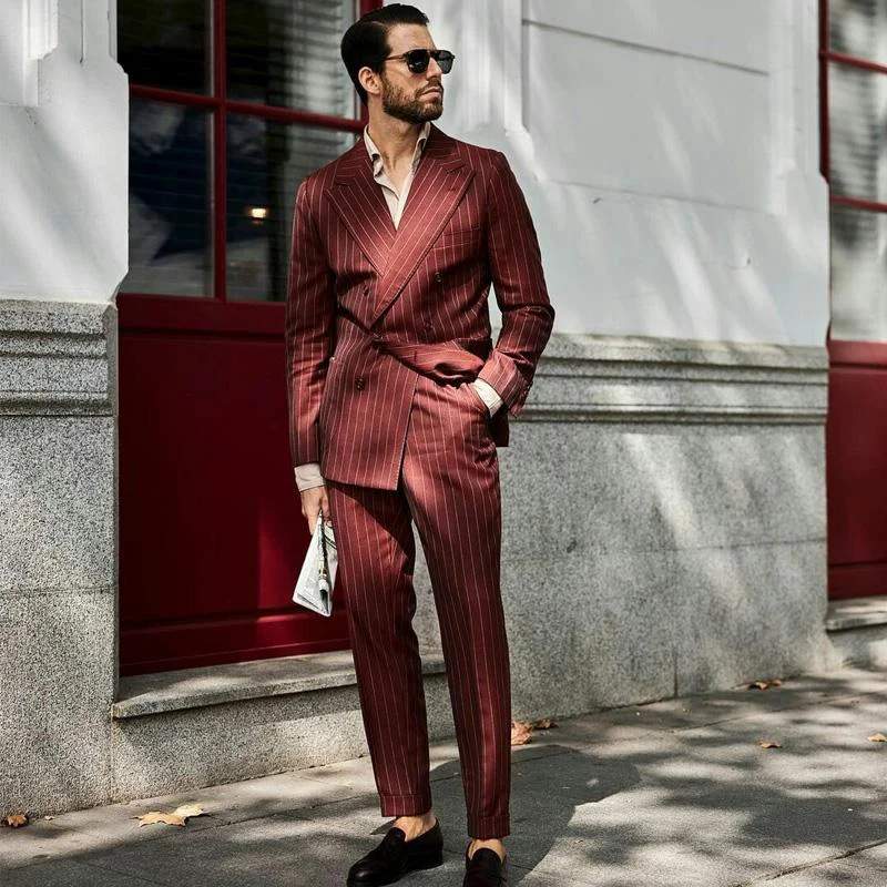 

British Style Pinstriped Mens Suits 2 Pieces Burgundy Double Breasted Man Pants Suit Business Wedding Blazer (Jacket+Pants)