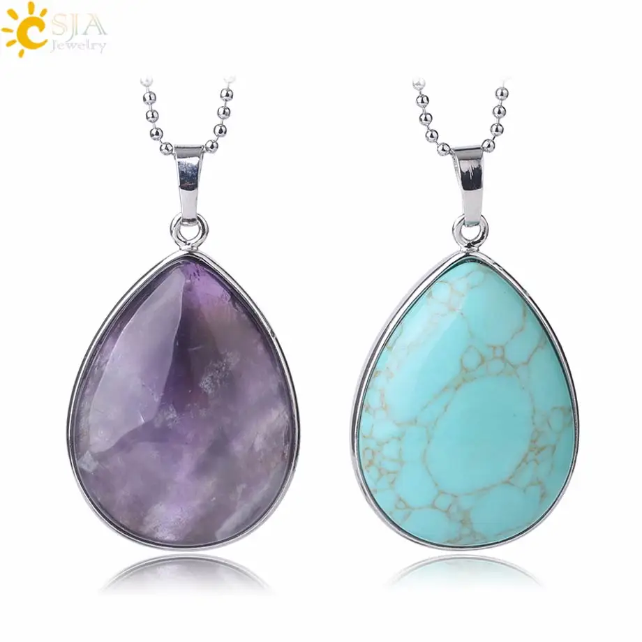 CSJA Natural Stone Pendants  Tiger Eye Pink Quartz Purple Crystal Lapis Necklace Water Drop Flat Bead Women Healing Jewelry F982