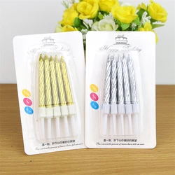 10Pcs /Set Gold or Silver Party Birthday Stick Candles, Threaded Texture Decorated Gift, Wedding Xmas Festival Cake Accesories
