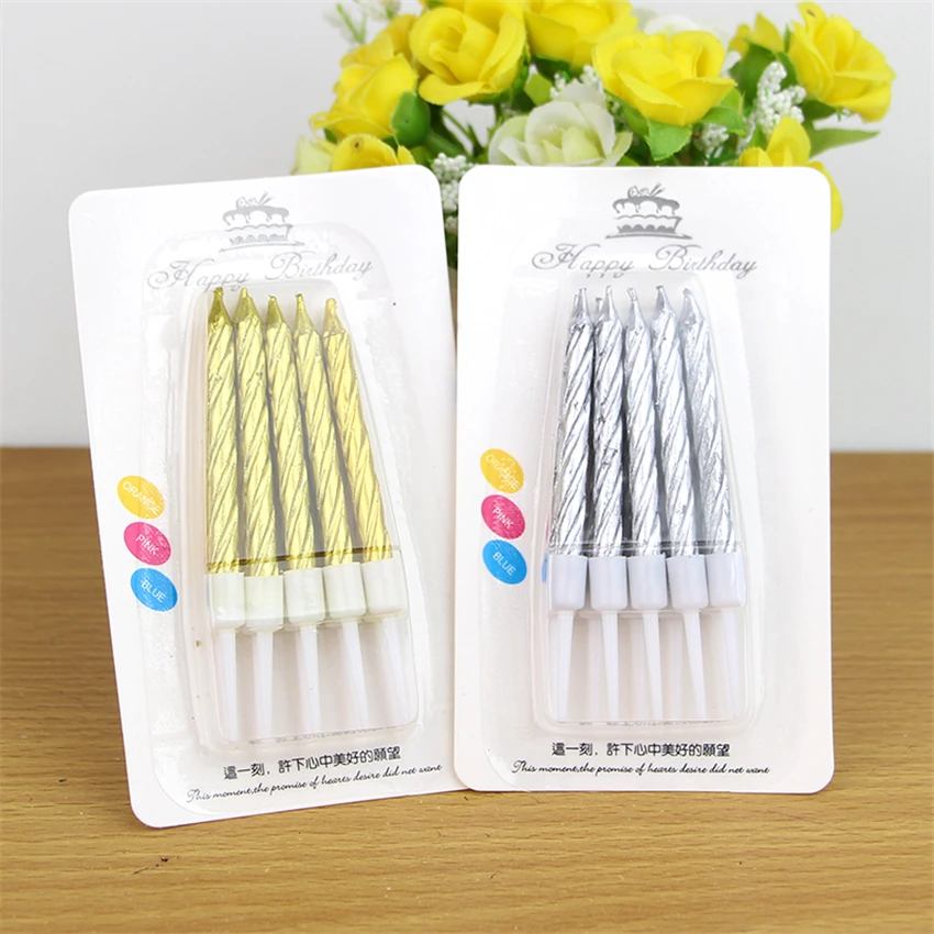 10Pcs /Set Gold or Silver Party Birthday Stick Candles, Threaded Texture Decorated Gift, Wedding Xmas Festival Cake Accesories