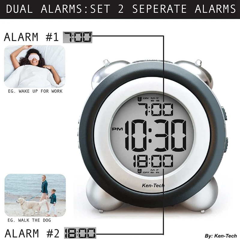 Digital Alarm Clock Time Date Display Twin Bell Very Loud for Heavy Sleepers Dual Alarm Blue Backlight for Teens