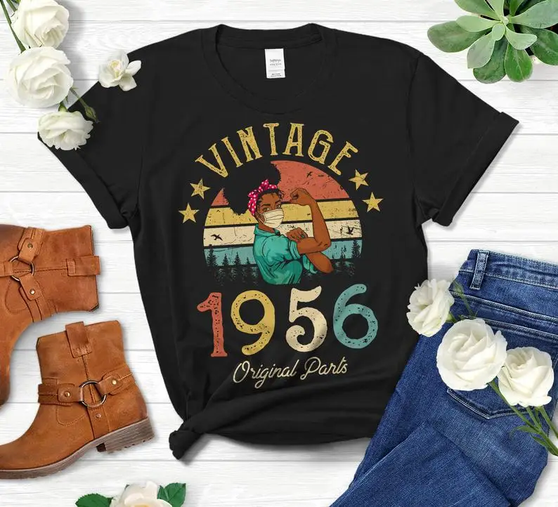 

Year 1956 Original T-shirt African American woman wearing mask for 65th birthday gift idea for girl mom wife daughter100% cotton