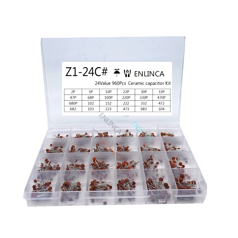 

960Pcs/lot Ceramic Capacitor Assortment Kit 2PF-0.1UF 50V Ceramic Capacitors Set 24value*40pcs Diy Electronic Capacitors 20%