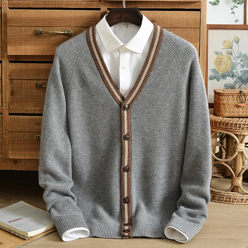 

New cashmere sweater men's knitted cardigan youth V-neck thick casual jacket solid color sweater buttons keep warm in winter