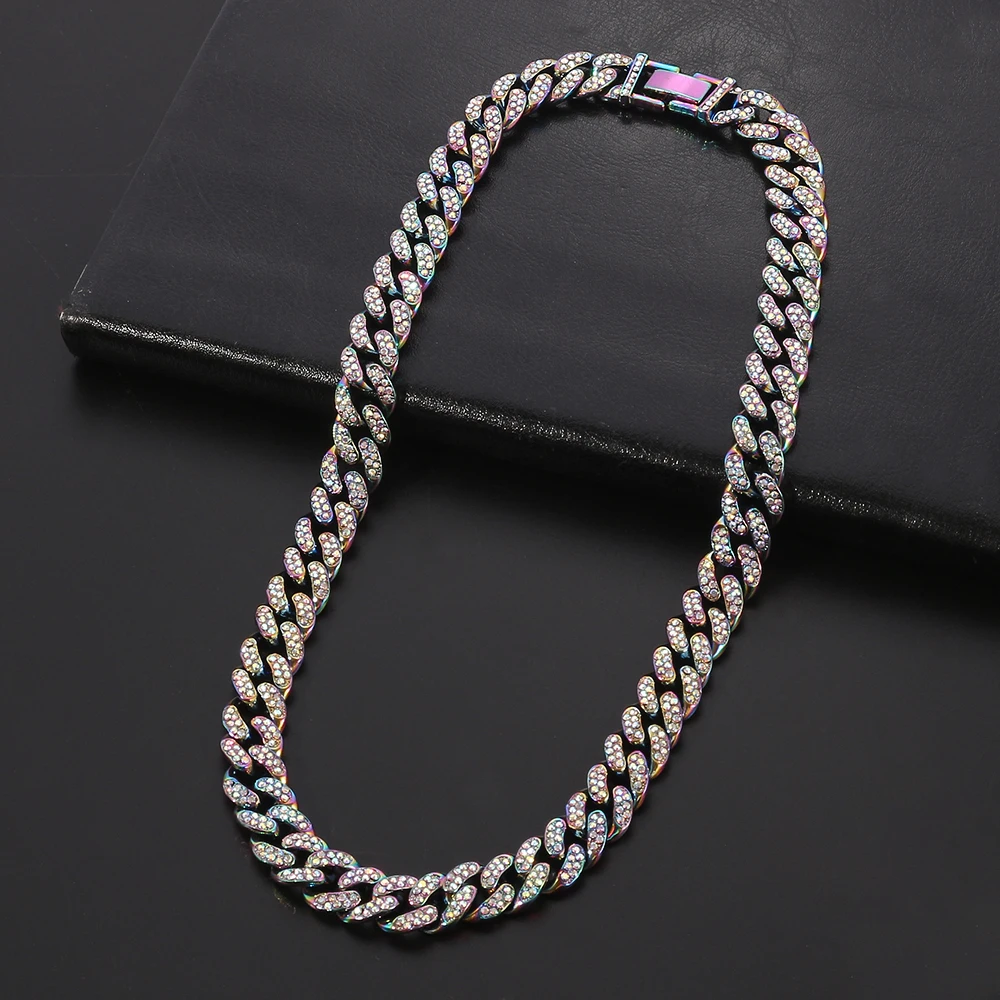 

13MM Punk Rainbow Color Miami Cuban Link Chain Necklace For Men Gothic Choker Hip Hop Necklaces Bracelets Jewelry Fashion Gifts