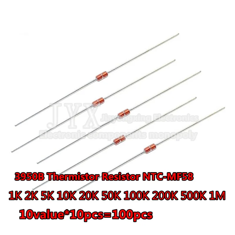 100 pces = 10 valor * 10 pces ntc thermistor resistor kit NTC-MF58 1k 2k 5k 10k 20k 50k 100k 200k 500k 1m +/-5% 3950b