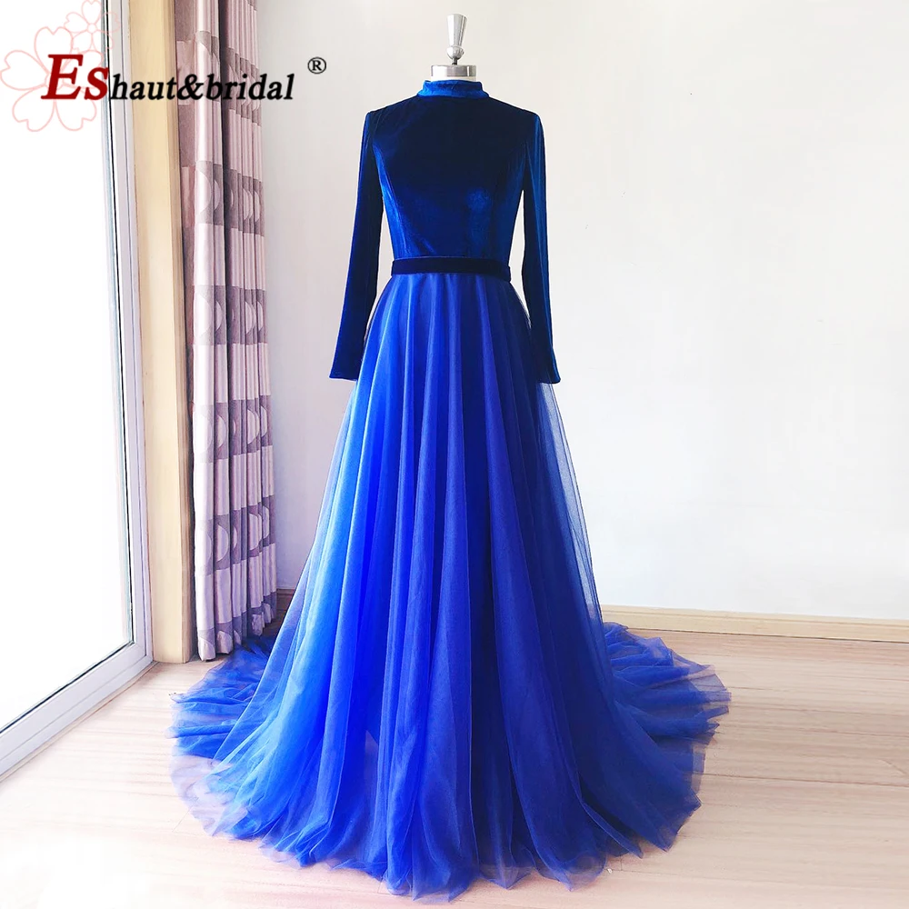 Elegant Muslim Evening Dresses for Women 2023 High Neck Long Sleeves Velvet A-Line Formal Dubai Arabic Wedding Prom Party Gowns