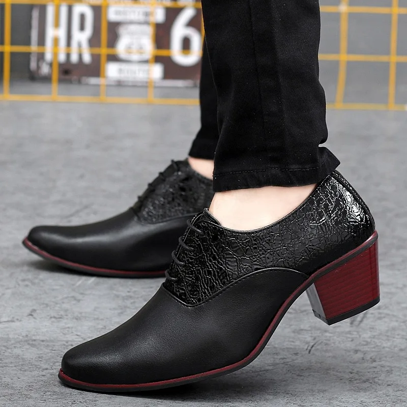 Classic High Heel Men Shoes Leather Mens Wedding Groom Shoes Luxury Fashion Designer Men Oxfords Black White Formal Dress Party