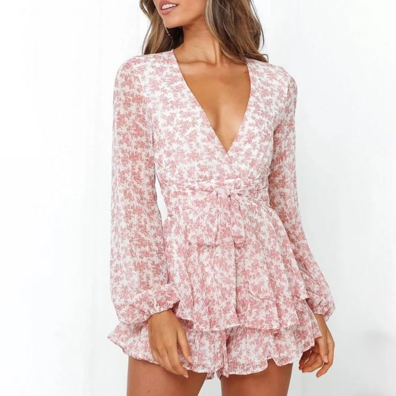 Ardm Fahion V Neck Chiffon Jumpsuit Women Ruffled Lace Up Long Sleeve Playsuit Floral Print Sweet Rompers