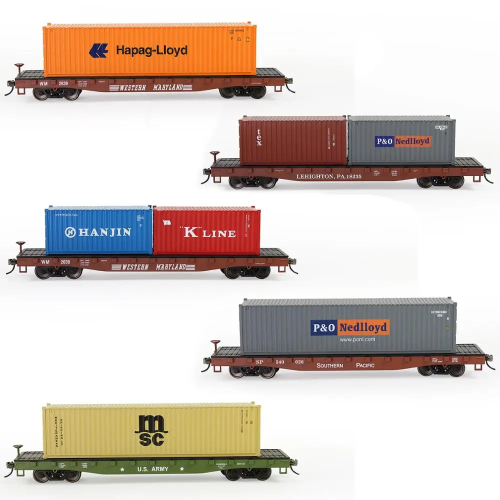 Evemodel Trains Set 1 lot HO Scale 1:87 52ft Flat Car with Shipping Container Cargo