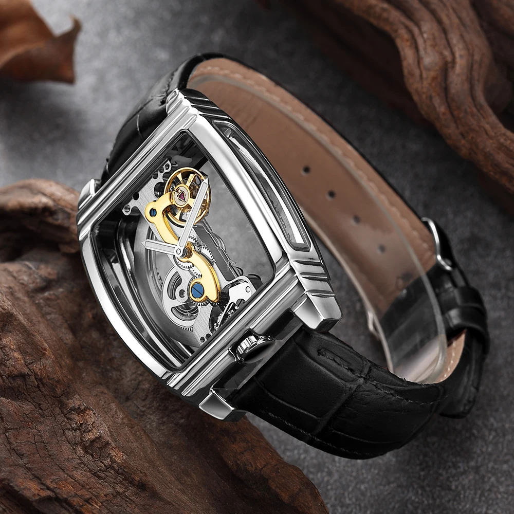 SHENHUA Rectangle Luxury Men Transparent Skeleton Unique Automatic Waterproof Mechanical Self-Wind Watches Luminous Clock Male