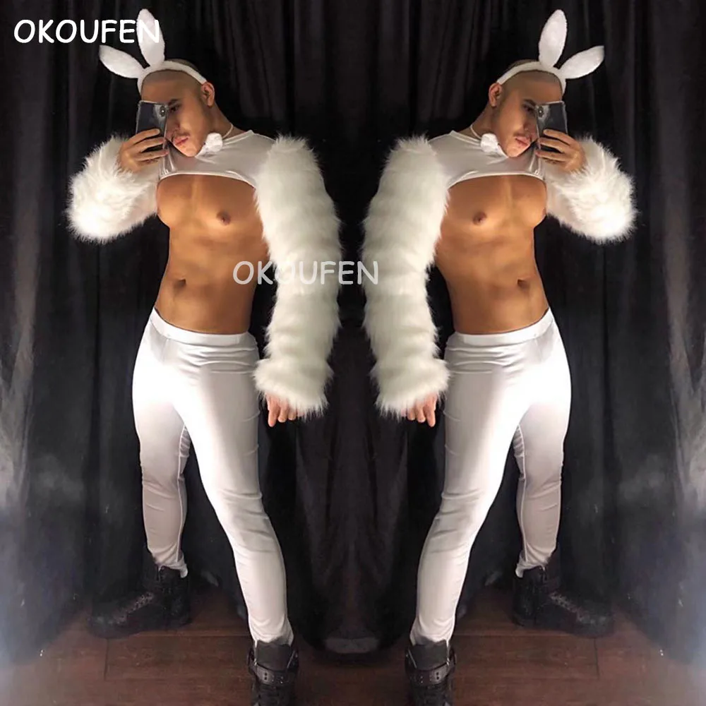 

Nightclub bar men and women ds party theme cosplay stage outfit new sexy white Christmas furry rabbit costume suit