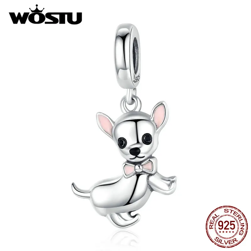 WOSTU Authentic 925 Sterling Silver Chihuahua Dog Charm Fit Original Bracelet DIY Beads Necklace Pendant Jewelry Making CQC1317