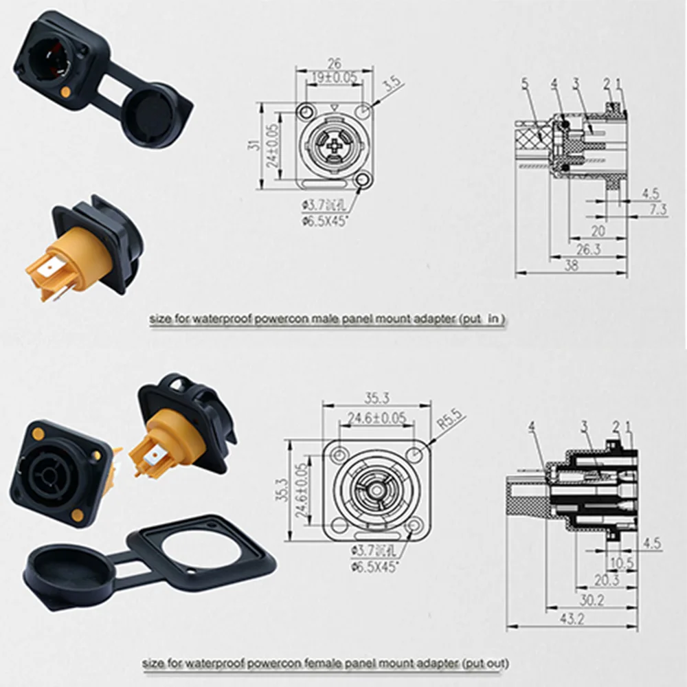 100pcs High quality 20A Waterproof Powercon LED Large Screen Power Plug PA66 Flame-retardant Industrial Power connector OUT/IN