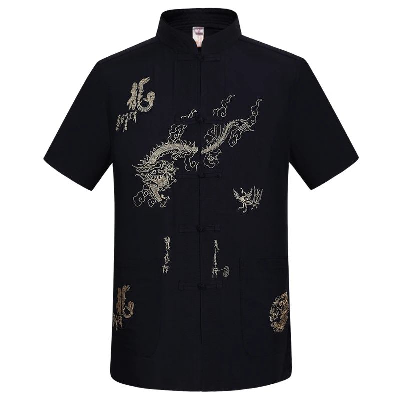 

Summer Cotton Wu Shu Uniform Short Sleeve Tai chi Blouse Tops Black Embroidery Dragon Chinese Men Kung Fu Shirt 4XL