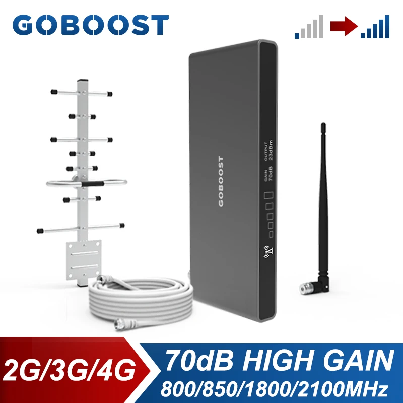 GOBOOST 2G 3G 4G Signal Amplifier 800 850 1800 2100 MHz Mobile Booster 70dB High Gain Cellular Repeater With Antenna Kit