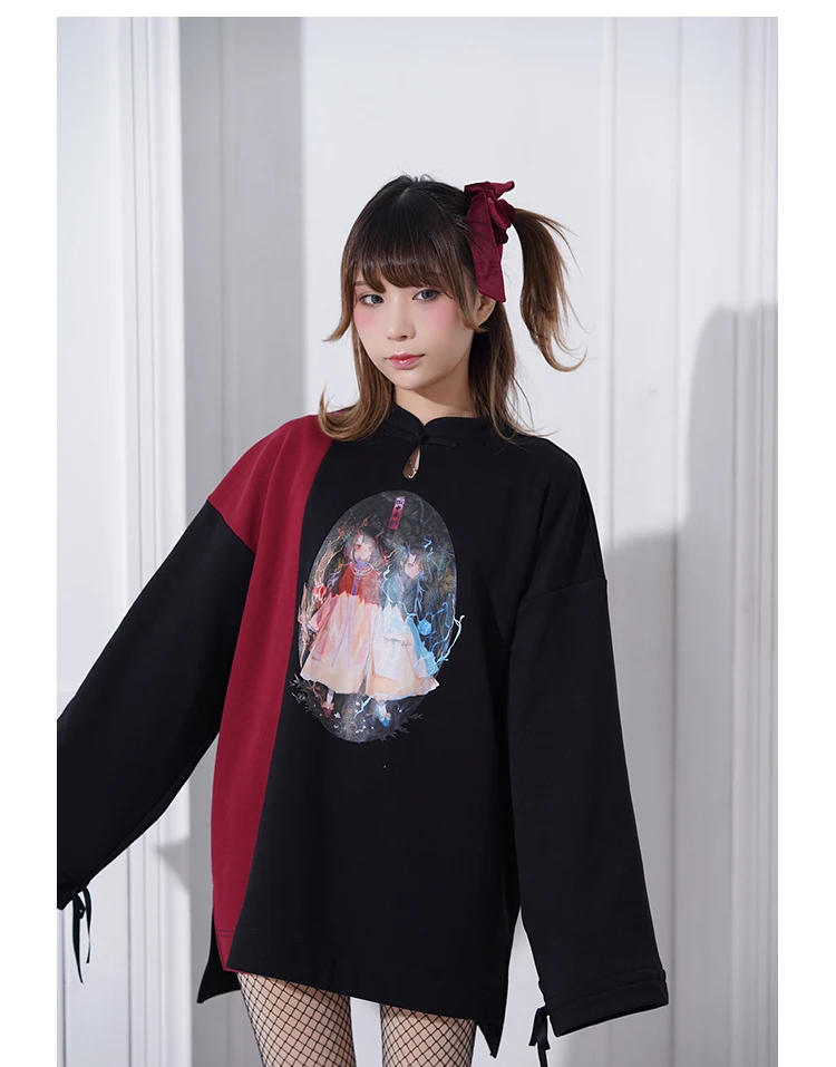 Mori girl colorblock printed loose sweater victorian top loose gothic girl cute student loli cos lolita dress kawaii girl