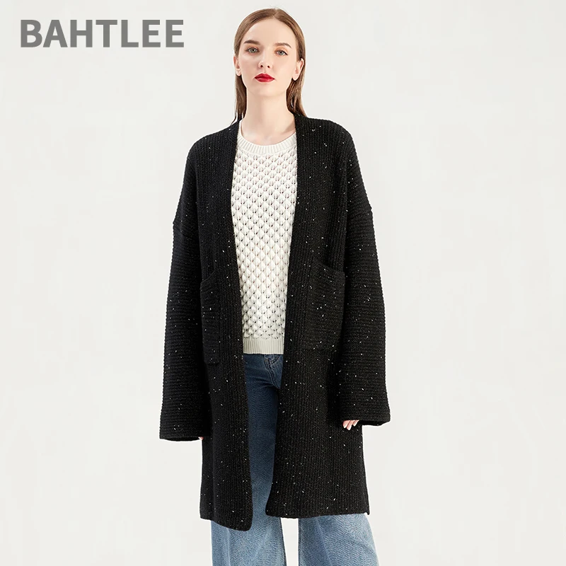 BAHTLEE-Cashmere Cardigan for Women, Gold Wire Knitted Sweater, V-Neck, Loose Style, Thick, Keep Warm, Autumn, Winter