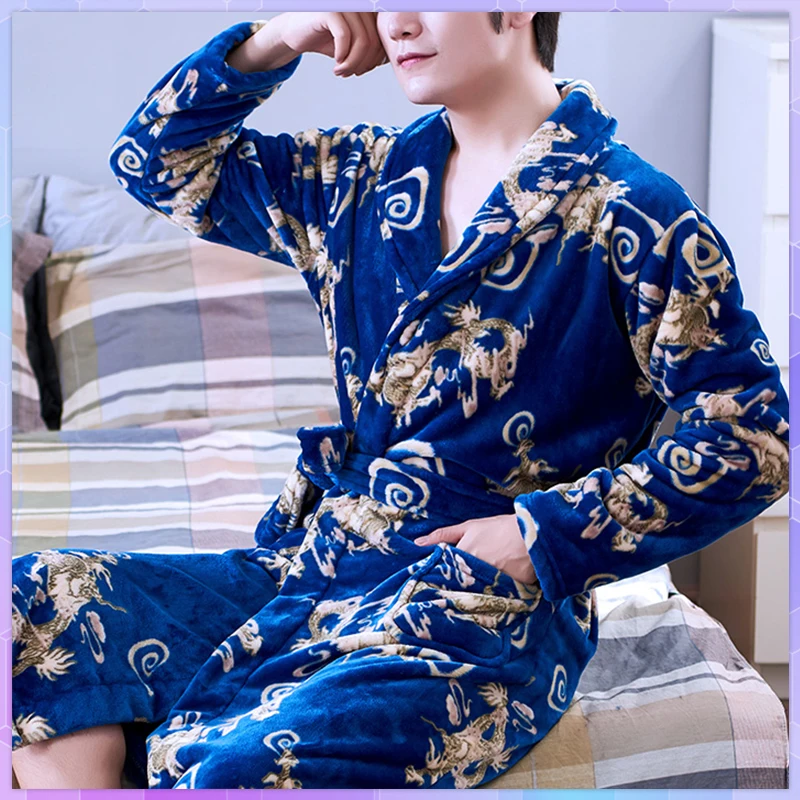 Men's Bathrobe Winter Plus Size Long  Fleece Kimono Warm Flannel Bath Robe Men Robes Night Sleepwear Dressing Gown халат мужской