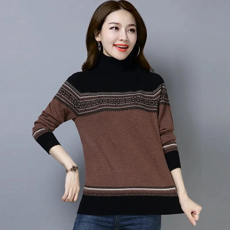 

Women's Sweaters 2021 New Autumn Winter Turtleneck Stripes Long Sleeve Casual Knitted Jumper Slim Pullover Sweater Female Tops