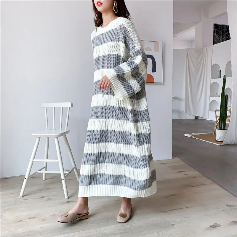 [ZAYAU]Korean Autumn and Winter Loose Size Striped Knee Length Pullover women's Long Skirt Knitwear Backing Dress 2021