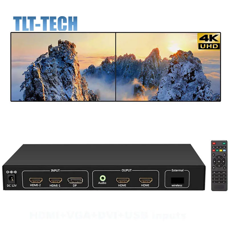 TLT-TECH 4K Video Wall Controller 1x2 TV Wall Processor with 3840x2160@60HZ Support HDMI2.0 and 1.4, DP1.2 Signal Input