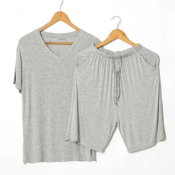 Ensemble de pyjama d'été en modal pour hommes, T-shirt fin à manches courtes, short, vêtements de nuit décontractés, ensemble 2 pièces, col en V, solide, document, vêtements pour la maison