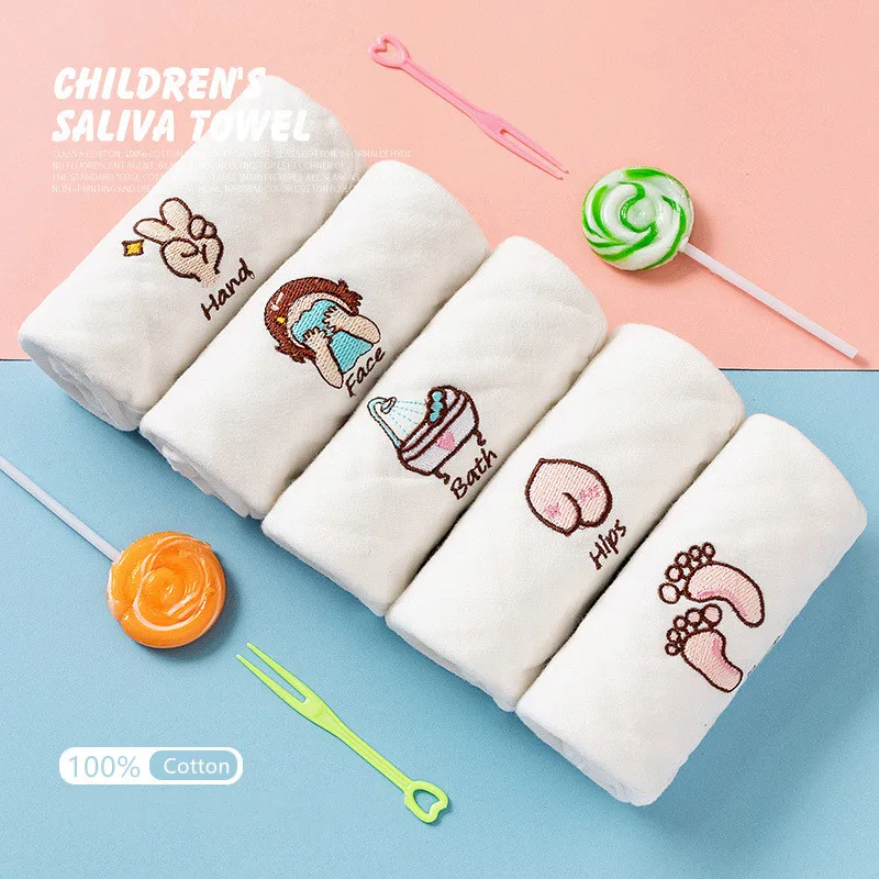 5PCS/Set Multi-functional Baby Embroidered Mouth Face Towel Handkerchief Cotton Gauze Bubble Gauze Wipe Hand Wash Towel 30*30cm