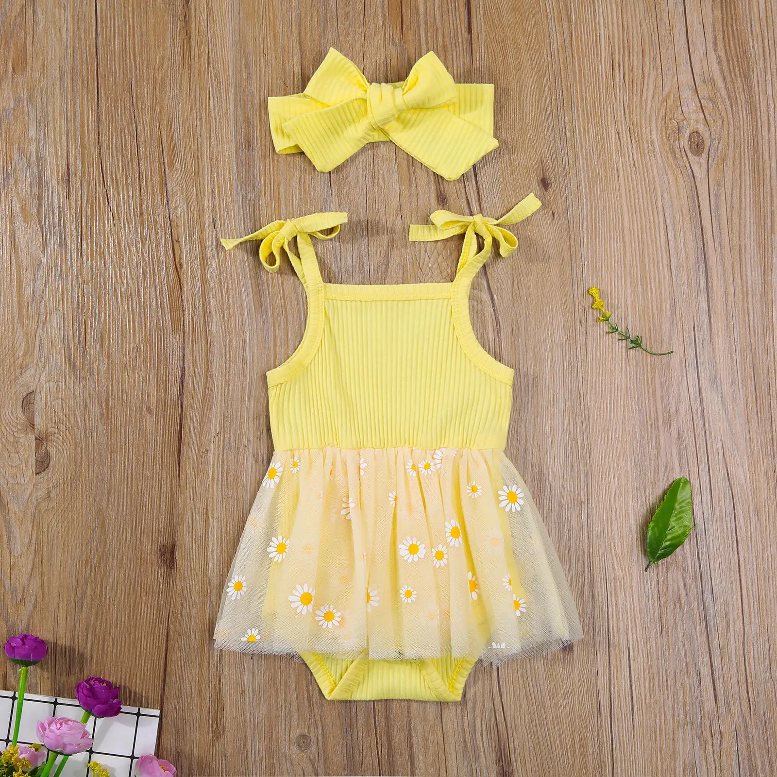 2Pcs Baby Girls Summer Outfits, Cute Self Tie Strap Sleeveless Daisy Print Tutu Romper with Headband Set