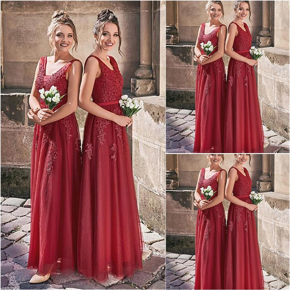 

A Line Gown Plus Size Custom V-Neck Dress Floor-Length Bridesmaid Dresses Applique Tulle Prom Party Gown