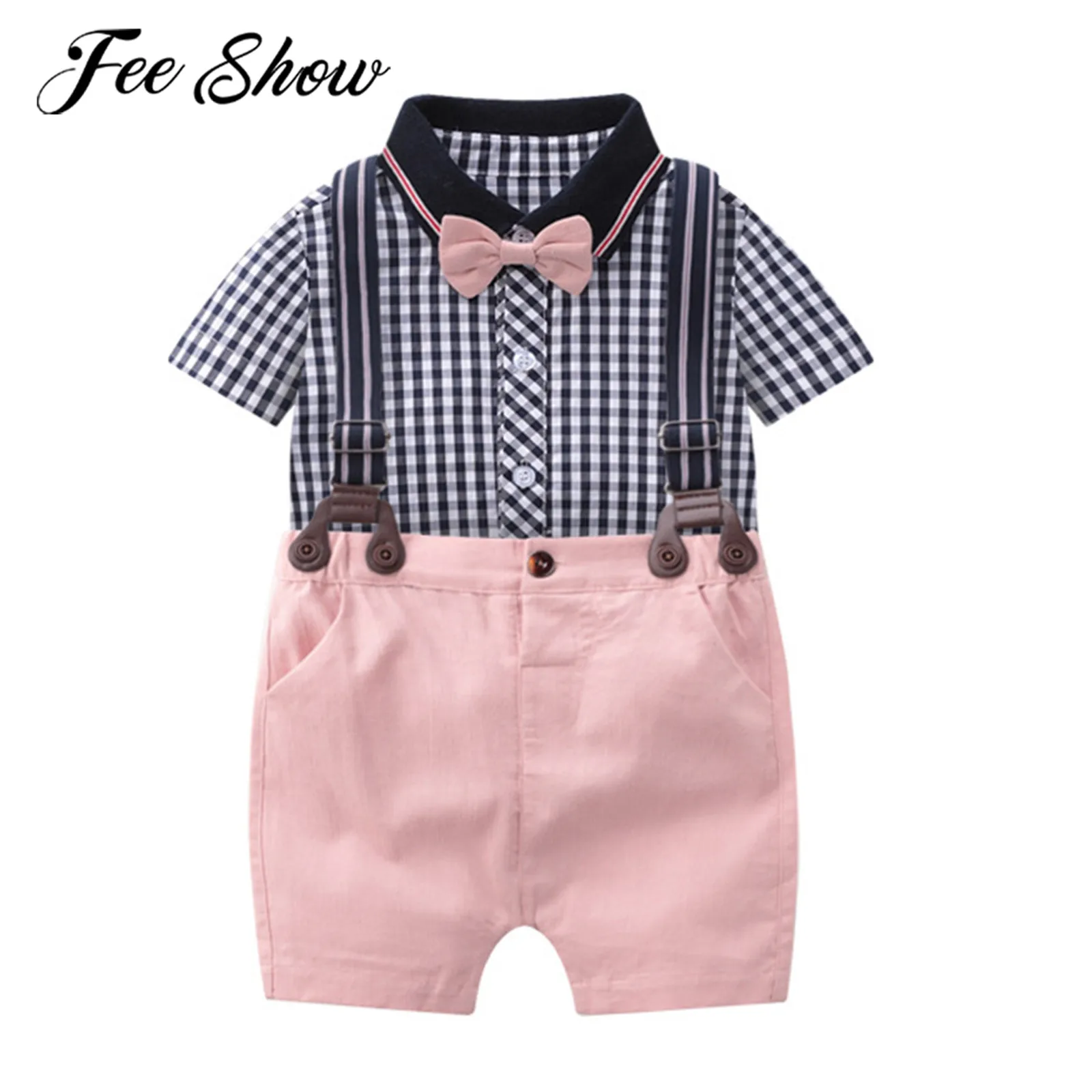 2Pcs Toddlers Boys Gentlemen Suit Short Sleeves Plaid Shirt Romper + Bib Pants Wedding Party Boy's Suits Babys Clothing Outfits