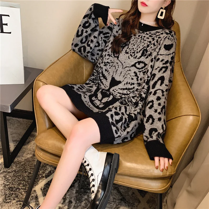 Women Leopard Round Neck Pullover Sweater Long-sleeved Frilly Loose Casual Lazy Tiger Head Sweater Female 2023 Spring