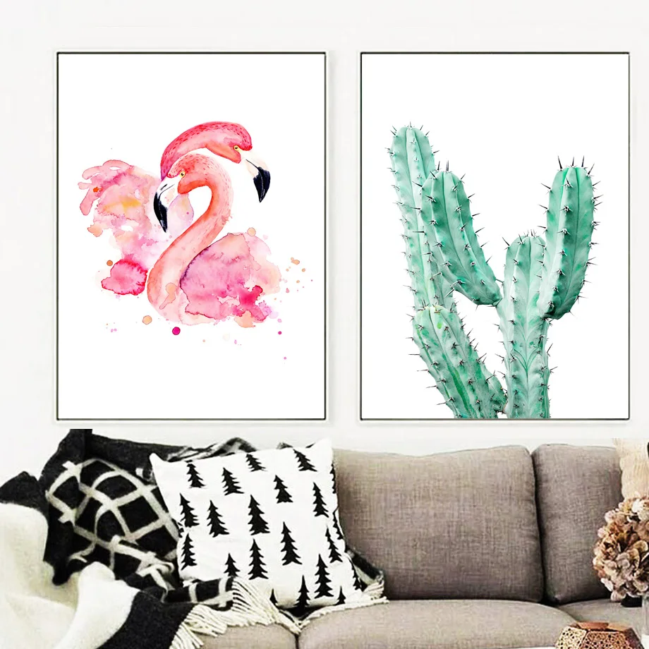 Pink Cactus Flamingo Flower Landscape Wall Art Canvas Painting Nordic Posters And Prints Wall Pictures For Living Room Decor