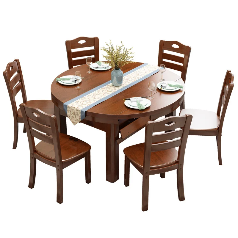 Solid wood dining table chair combination retractable dining table 8 round table folding dining table