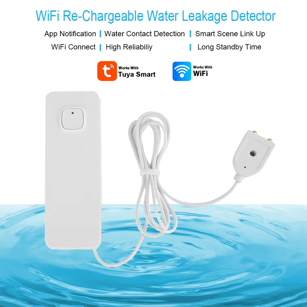 Tuya WiFi Water Leakage Sensor Rechargeable Remote Flooding Detect Monitor Smarthome Alarm House Protection Against Water Leaks