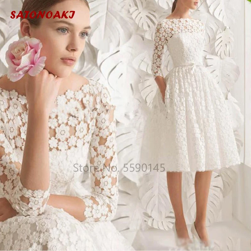 Vestido de noiva curto com renda elegante, decote redondo, altura do joelho, manga comprida, linha A simples, vestido de noiva formal, Novia Online,