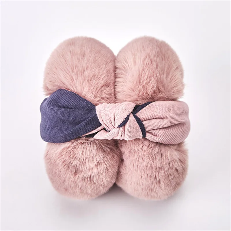 Fashion Winter Women Outdoor Earmuff Bowknot Foldable Cover Earphones Thick Plush Ear Warm Fluffy Fur Patchwork Headphone Girls